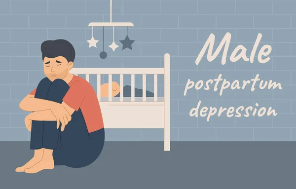 男婴产后抑郁症，悲伤的男婴坐在婴儿身边 — 图库矢量图片