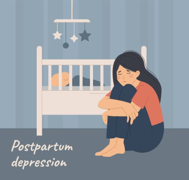 Doğum sonrası depresyon, yorgun kadın bebeğin yanında oturuyor