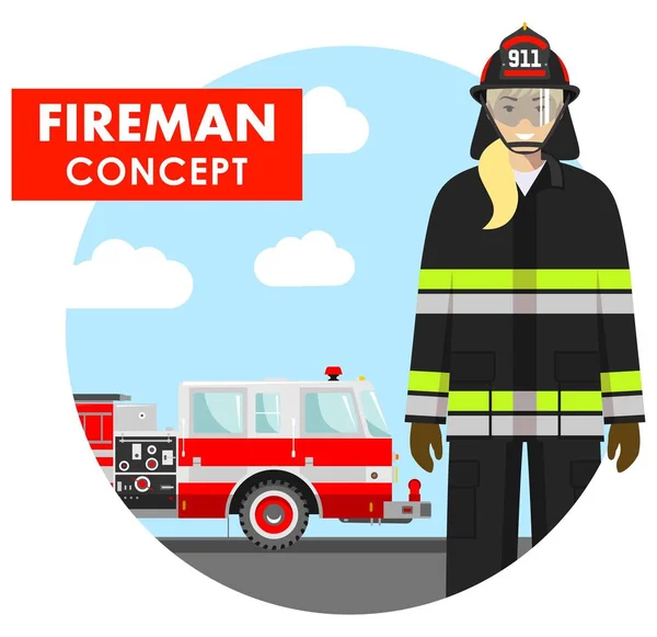 Brandweerman concept. Gedetailleerde illustratie van vrouw brandweerman in uniform op de achtergrond met de brandweerwagen in vlakke stijl. Vectorillustratie. — Stockvector