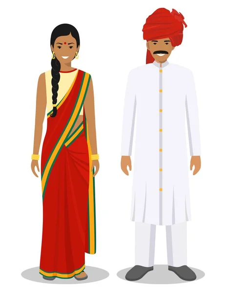 Набор стоя вместе индийский мужчина и женщина в традиционной одежде изолированы на белом фоне в плоском стиле. Разные люди на востоке одеваются. Векторная иллюстрация . — стоковый вектор