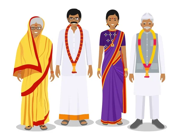 Семейное и социальное понятие. Поколения индийцев разного возраста. Набор взрослых людей в традиционной национальной одежде: отец, мать, бабушка, дедушка стоят вместе. Вектор — стоковый вектор