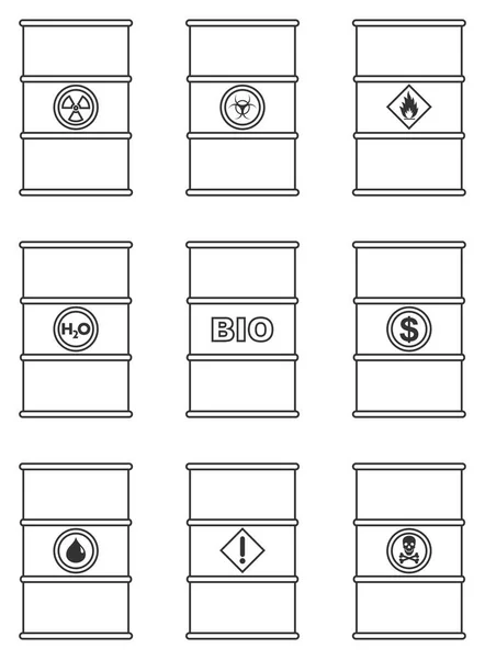 Koncepcja przemysłu. Zbiór różnych sylwetek kontur baryłkę do cieczy: woda, olej, biopaliwa, substancji wybuchowych, chemicznych, radioaktywne, toksycznych, niebezpiecznych, niebezpieczne, łatwopalne i trujące. — Wektor stockowy