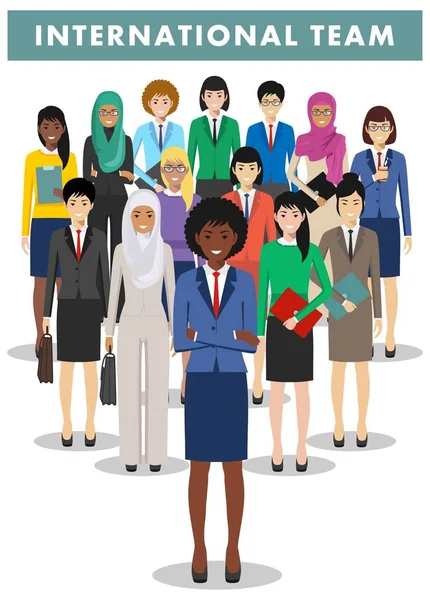 Group of businesswomen standing together on white background in flat style. International business team and teamwork concept. Different nationalities and dress styles. Flat design people characters.