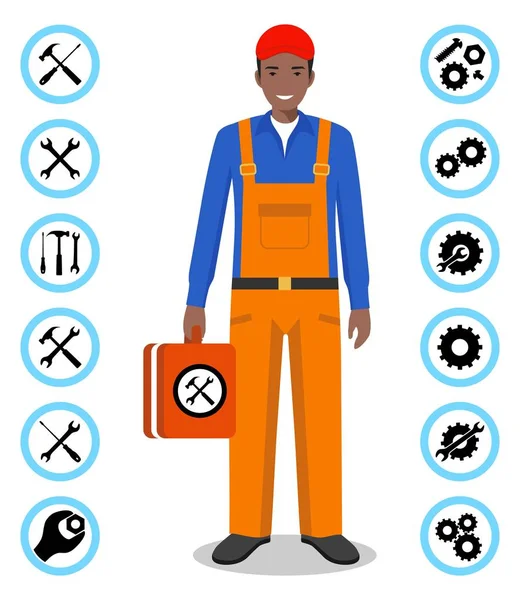 Concepto de servicio de reparación. Ilustración detallada del maestro reparador en estilo plano. Conjunto de iconos simples: llave inglesa, destornillador, martillo y engranaje. Icono de servicios o botón aislado sobre fondo blanco. Vector — Archivo Imágenes Vectoriales