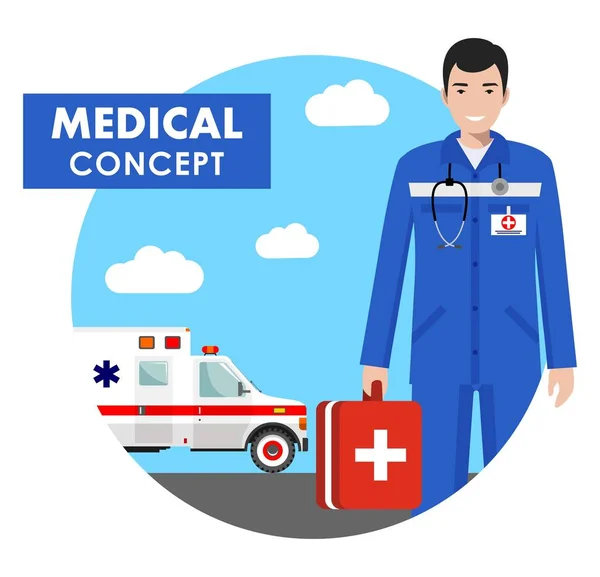 Concepto médico. Ilustración detallada del hombre médico de emergencia en uniforme en el fondo con el coche de la ambulancia en estilo plano. Ilustración vectorial . — Vector de stock