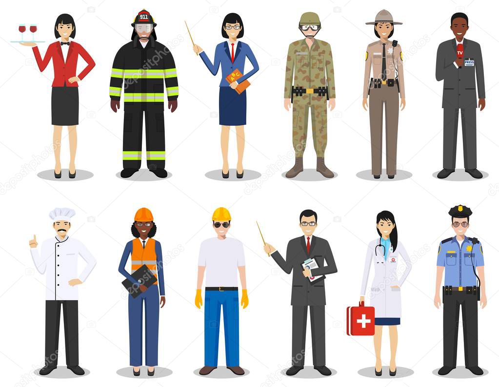 People occupation characters set in flat style isolated on white background. Flat vector icons on white background. Templates for infographic, sites, banners, social networks. Vector illustration.