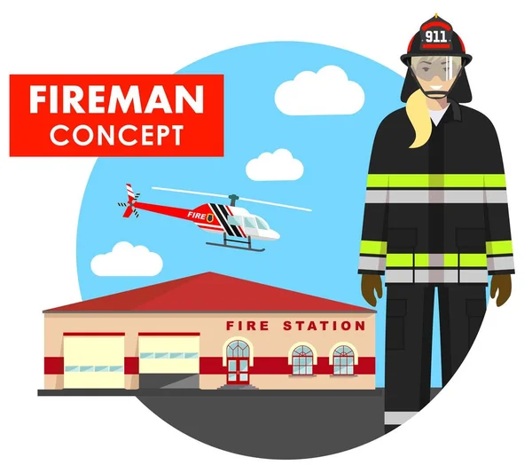 消防员的概念。妇女消防员的详细的例证在制服在背景与消防站大厦和直升机在平的样式。矢量插图. — 图库矢量图片