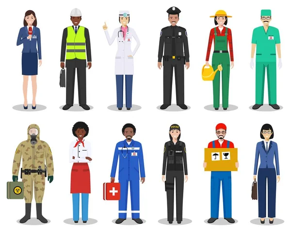 People occupation characters set in flat style isolated on white background. Different men and women professions characters standing together. Templates for infographic, sites, social networks. Vector — Stock Vector