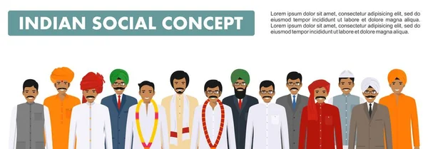 Social concept. Group indian people standing together in different traditional national clothes on white background in flat style. Vector illustration. — Stock Vector