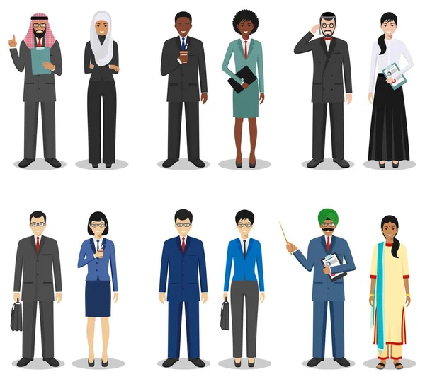 Business team and teamwork concept. Set of detailed illustration of businessmen standing in different positions in flat style on white background. Diverse nationalities and dress styles. Vector — Stock Vector