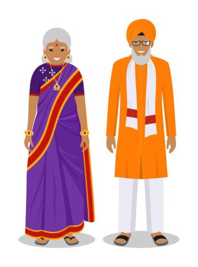 Birlikte ayakta yaşlı Hintli adam ve kadın düz tarzında beyaz arka plan üzerinde izole geleneksel giyim kümesi. Doğu elbise farklı üst düzey insanlar. Vektör çizim.