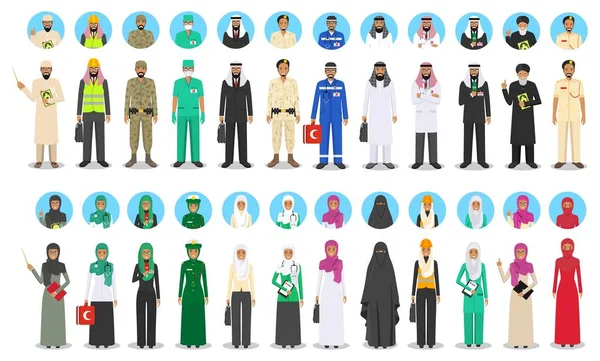 不同的穆斯林中东人的职业性格以扁平的方式设置。男人和女人的职业。一组头像图标。模板的图表, 网站, 横幅, 社会网络。向量. — 图库矢量图片