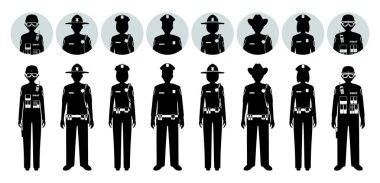 Polis insanlar kavramı. Swat memur, polis, polis ve beyaz arka plan üzerinde düz stil Şerif farklı siyah siluetler ve Avatarlar simgeler kümesi. Vektör çizim.