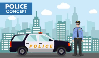Polis kavramı. Polis polis arabası ve düz stilde cityscape zemin üzerine detaylı Illustration. Vektör çizim.
