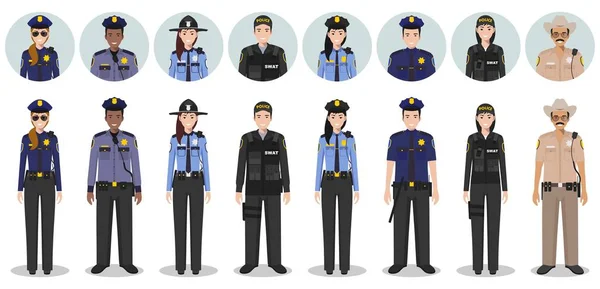 Le concept des policiers. Ensemble de différentes illustrations détaillées et avatars icônes de l'officier du SWAT, policier, policière et shérif en style plat sur fond blanc. Illustration vectorielle . — Image vectorielle