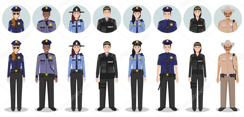 Police people concept. Set of different detailed illustration and avatars icons of SWAT officer, policeman, policewoman and sheriff in flat style on white background. Vector illustration.