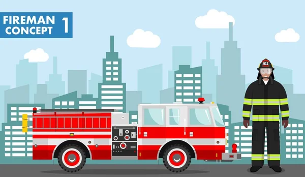 Ilustración Detallada Bombero Camión Bomberos Estilo Plano Fondo Con Paisaje — Vector de stock