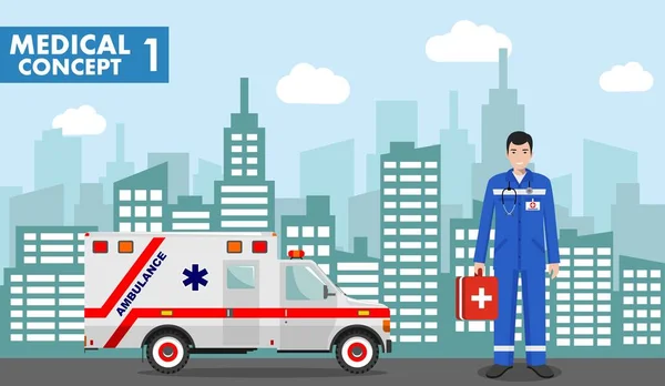 Concepto Médico Ilustración Detallada Gente Médica Uniforme Fondo Con Paisaje — Vector de stock