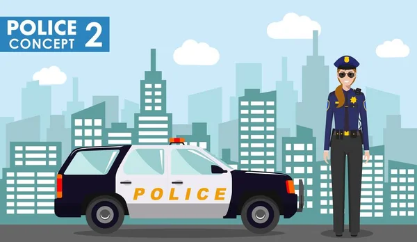 Police Concept Detailed Illustration Police Officer Police Car Background Cityscape — Stock Vector