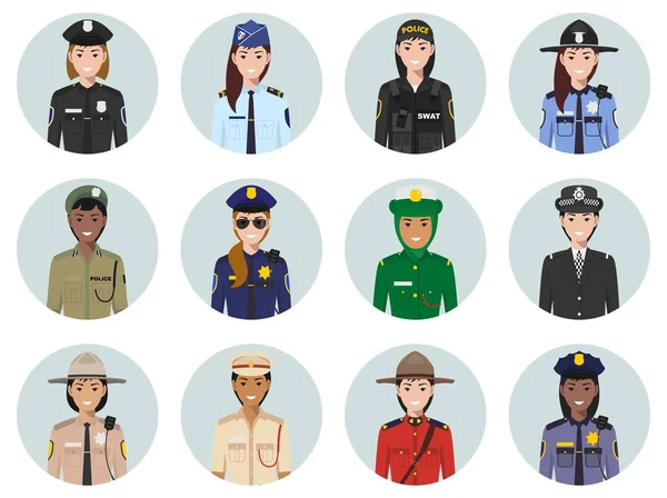 一套丰富多彩的警察不同国家扁平式图标 女警察 矢量插图 — 图库矢量图片