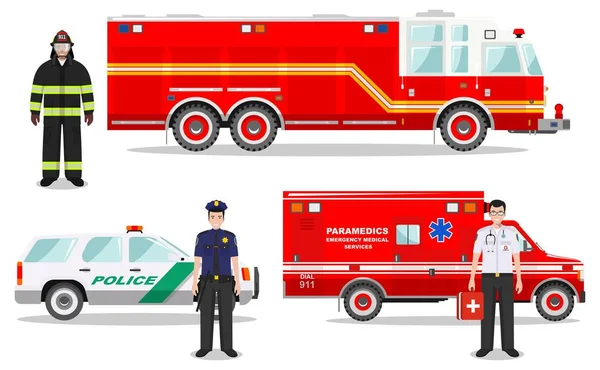 消防员 急救医生 警察与消防卡车 救护车和警察车在白色背景上的平面样式的详细的说明 — 图库矢量图片