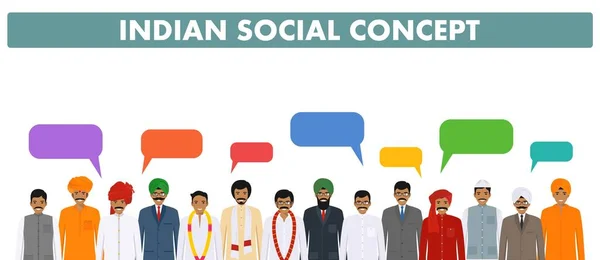 Social concept. Group indian people standing together and speech bubbles in different traditional national clothes on white background in flat style. Vector illustration. — Stock Vector