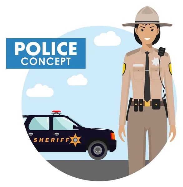 Concetto di poliziotto. Illustrazione dettagliata dello sceriffo in uniforme su sfondo con auto della polizia in stile piatto. Illustrazione vettoriale . — Vettoriale Stock