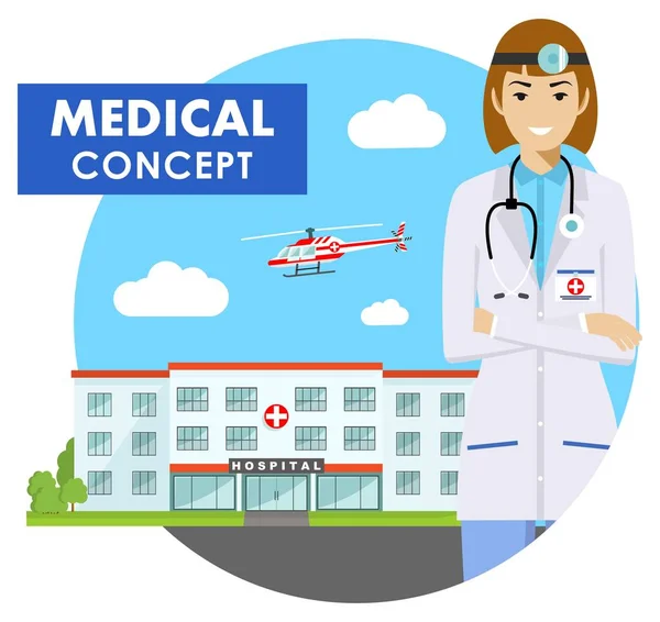 Medical concept. Detailed illustration of emergency doctor woman in uniform on background with hospital and flying helicopter in flat style. Vector illustration. — Stock Vector