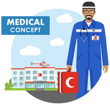 Tıbbi kavramı. Hastane zemin üzerine üniformalı erkeklere Müslüman Arap acil Doktor ve düz stil helikoptere detaylı Illustration. Vektör çizim.