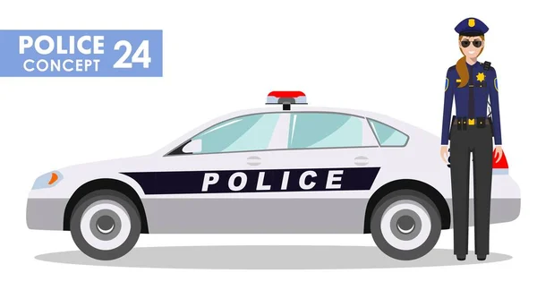 Policeman concept. Detailed illustration of policewoman officer and police car in flat style on white background. Vector illustration. — Stock Vector