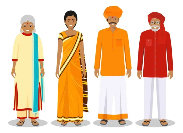 Семейное и социальное понятие. Поколения индийцев разного возраста. Набор взрослых людей в традиционной национальной одежде: отец, мать, бабушка, дедушка стоят вместе. Вектор — стоковый вектор