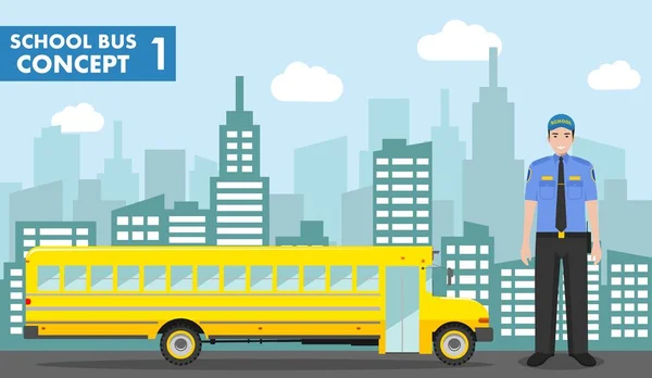 Concetto educativo. Illustrazione dettagliata di autista e scuolabus giallo sullo sfondo con paesaggio urbano in stile piatto. Illustrazione vettoriale . — Vettoriale Stock