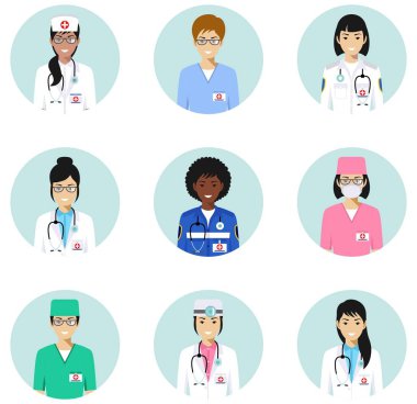 Tıbbi kavramı. Farklı Doktorlar, Hemşireler karakterleri avatarları Icons set izole düz stilde. Farklılıklar tıbbi kişi gülümseyen yüzler. Vektör çizim.