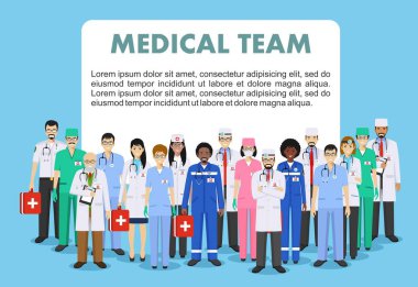 Tıbbi kavramı. Doktor ve hemşireler düz stil üzerinde mavi arka plan izole detaylı Illustration. Pratisyen doktor erkek ve kadın farklı pozisyonlarda ayakta. Vektör çizim.