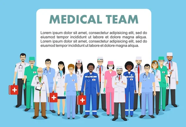 Medical concept. Detailed illustration of doctor and nurses in flat style isolated on blue background. Practitioner doctors man and woman standing in different positions. Vector illustration. — Stock Vector