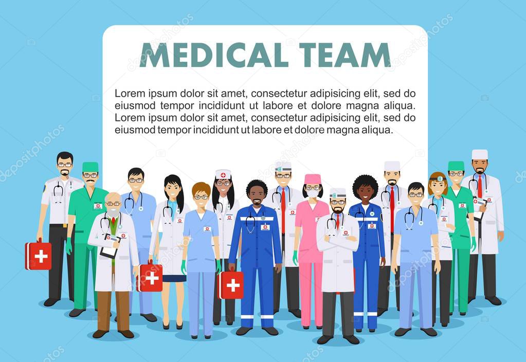 Medical concept. Detailed illustration of doctor and nurses in flat style isolated on blue background. Practitioner doctors man and woman standing in different positions. Vector illustration.