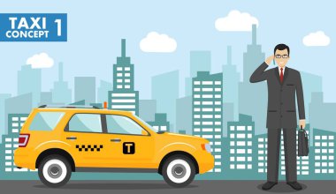 Taksi hizmet anlayışı. İşadamı taksi ve düz stilde cityscape zemin üzerine detaylı Illustration. Vektör çizim.