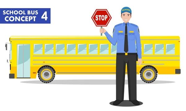 教育理念。详细插图的司机与停止标志在他的手和黄色的校车在白色背景平坦风格。向量例证. — 图库矢量图片