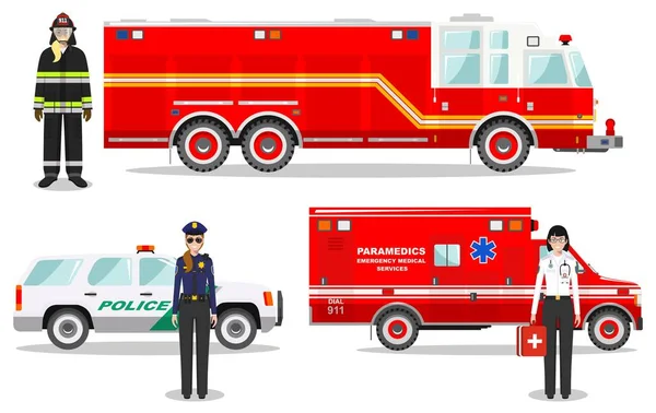 Conceito de emergência. Ilustração detalhada de bombeiro, médico, policial com caminhão de bombeiros, ambulância e carro de polícia em estilo plano sobre fundo branco. Ilustração vetorial . —  Vetores de Stock