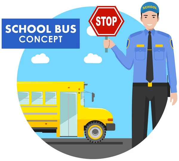 Concetto educativo. Illustrazione dettagliata del conducente con stop in mano e scuolabus giallo in stile piatto su sfondo bianco. Illustrazione vettoriale . — Vettoriale Stock