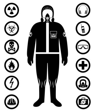 Industry concept. Black silhouette of worker in protective suit. Safety and health vector icons. Set of signs: chemical, radioactive, dangerous, toxic, poisonous, hazardous substances. clipart
