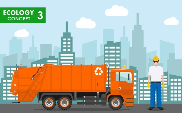 Concepto de ecología. Ilustración detallada del basurero en uniforme y camión de basura en el fondo del paisaje urbano moderno en estilo plano. Ilustración vectorial . — Vector de stock