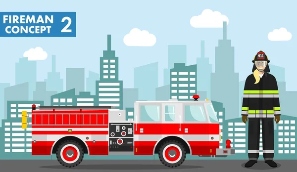 Concepto de bombero. Ilustración detallada de bombero hombre y camión de bomberos en estilo plano en el fondo con paisaje urbano. Ilustración vectorial . — Vector de stock