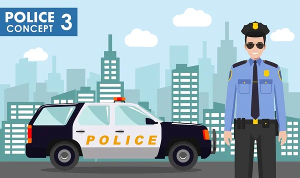 Police concept. Detailed illustration of policeman on background with police car and cityscape in flat style. Vector illustration. — Stock Vector