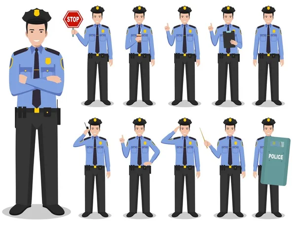 Politie mensen concept. Gedetailleerde illustratie van de Amerikaanse politieagent permanent in verschillende posities in vlakke stijl geïsoleerd op een witte achtergrond. Vectorillustratie. — Stockvector