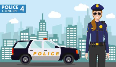 Polis kavramı. Polis polis arabası ve düz stilde cityscape zemin üzerine detaylı Illustration. Vektör çizim.