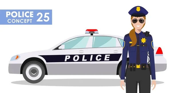 Policeman concept. Detailed illustration of policewoman officer and police car in flat style on white background. Vector illustration. — Stock Vector