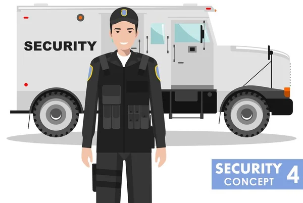 Security concept. Detailed illustration of armored car and security guard on white background in flat style. Vector illustration. — Stock Vector