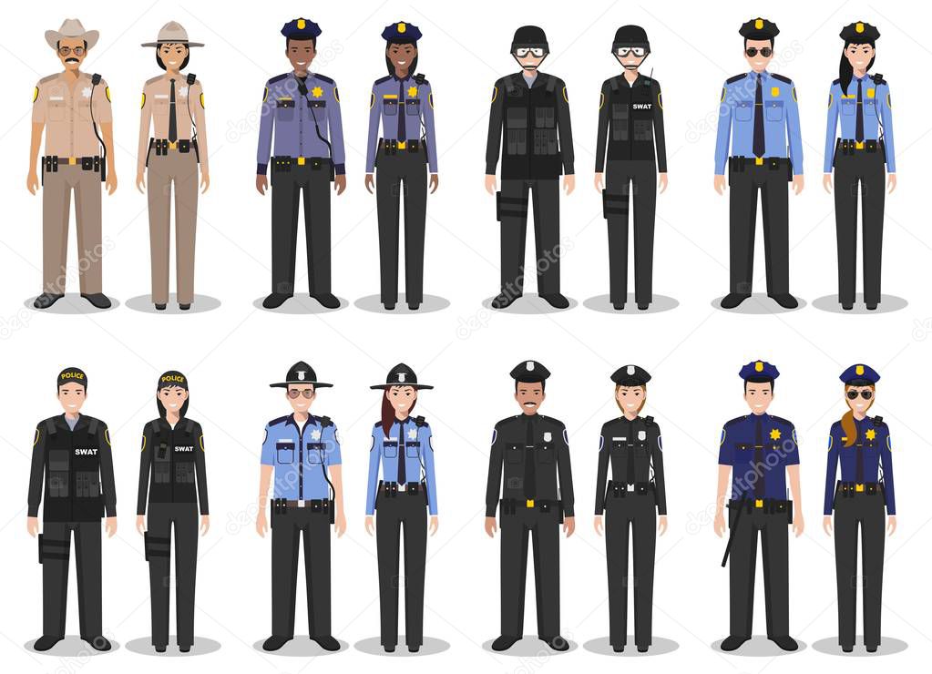 Police people concept. Set of different detailed illustration of SWAT officer, policeman, policewoman and sheriff in flat style on white background. Vector illustration.