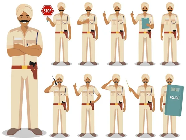 Politie mensen concept. Gedetailleerde illustratie van Indiase politieagent staan in verschillende poses in vlakke stijl geïsoleerd op een witte achtergrond. Platte ontwerp personen personages. Vectorillustratie. — Stockvector